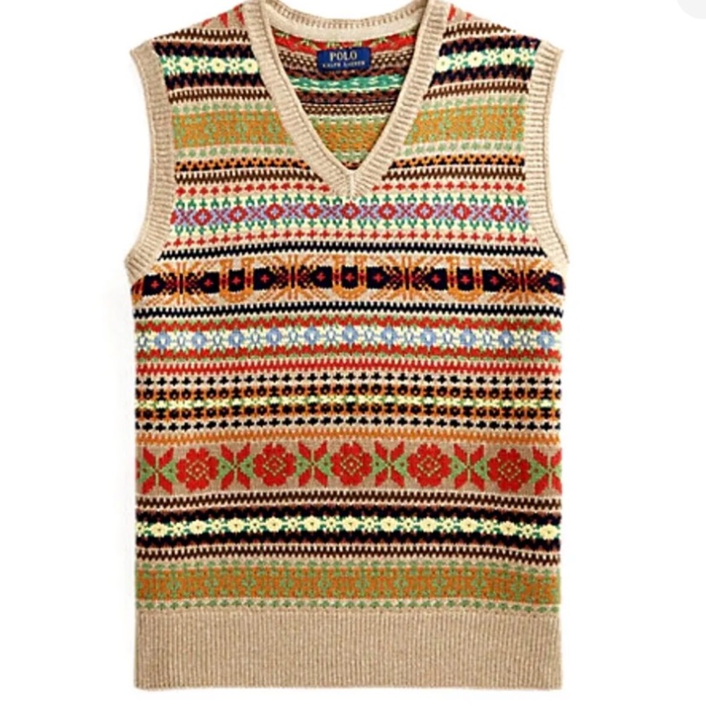 NEW! POLO RALPH LAUREN SWEATER VEST -XL- TAN RED GREEN BLACK FAIR ISLE CASHMERE